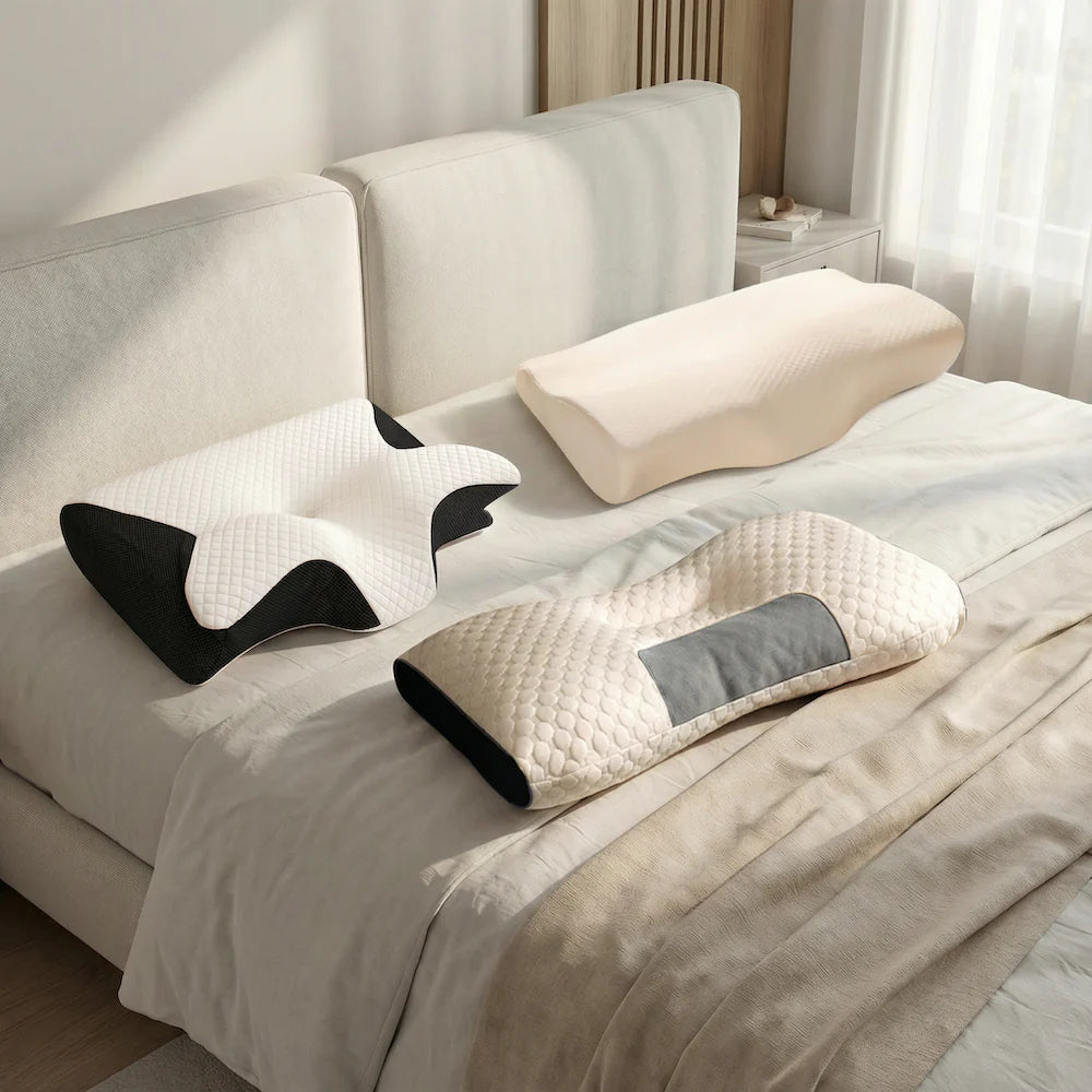 3 oreillers ergonomiques de la collection Oreiller Ergonomique posés sur un lit