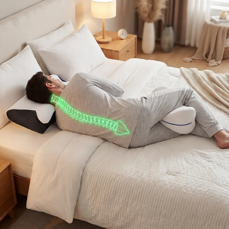 L'image d'un homme allongé avec un oreiller ergonomique et un coussin genoux pour soutenir sa posture au repos