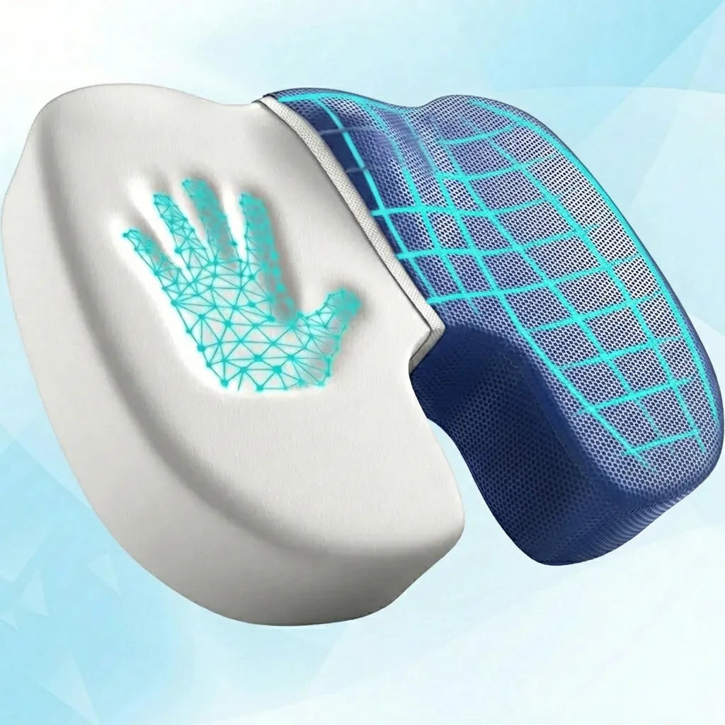 image montrant le coussin ergonomique à mémoire de forme pour coccyx bleu gardant en mémoire la trace de la main