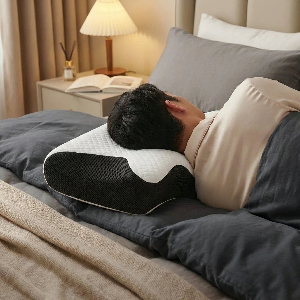 Image d'un homme allongé utilisant le coussin cervical ergonomique