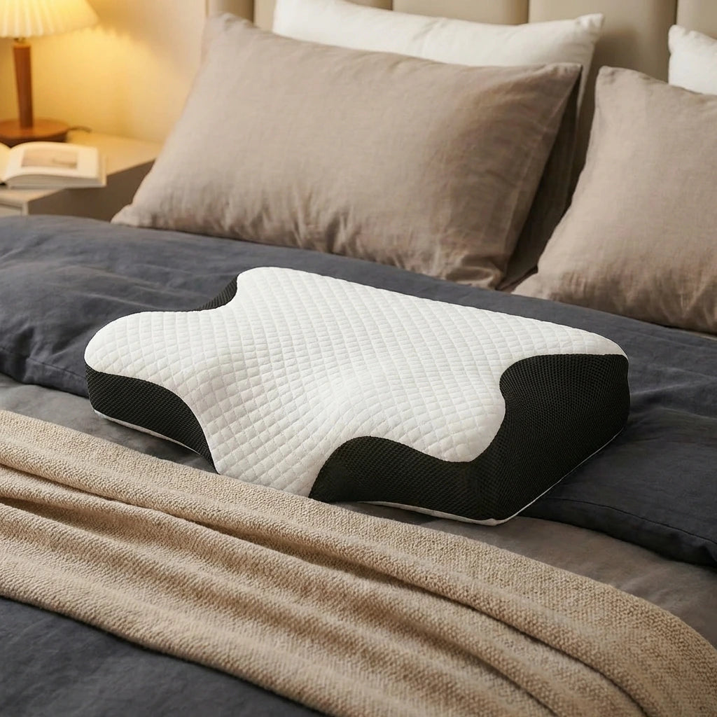 Image du coussin cervical ergonomique sur un lit