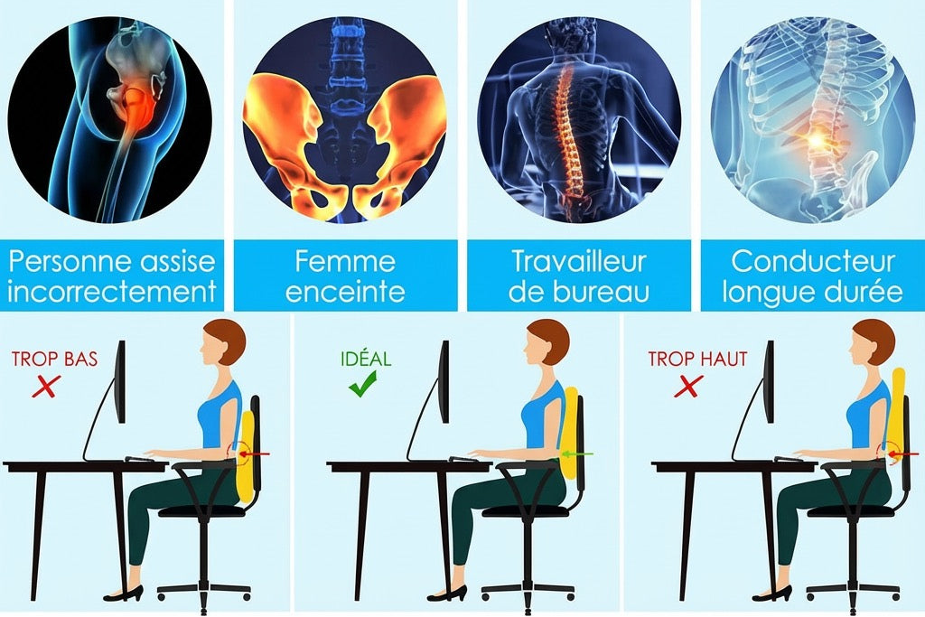 Image explicative des usages du coussin mixte dos et lombaire