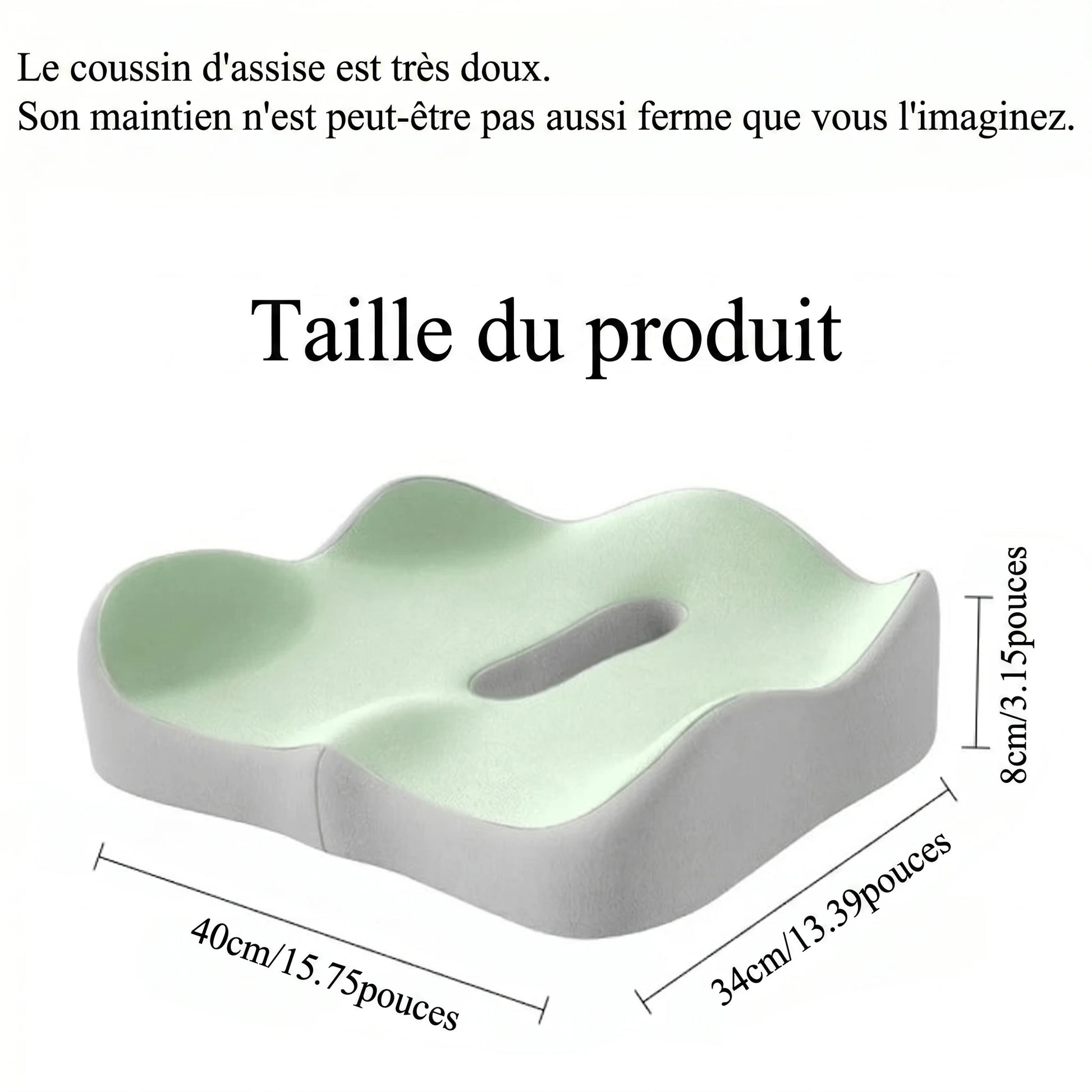 Image descriptive des dimensions du coussin pour coccyx vert