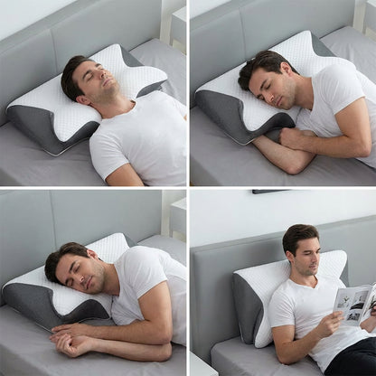 Image d'un homme dormant dans différentes positions avec l'oreiller ergonomique cervical