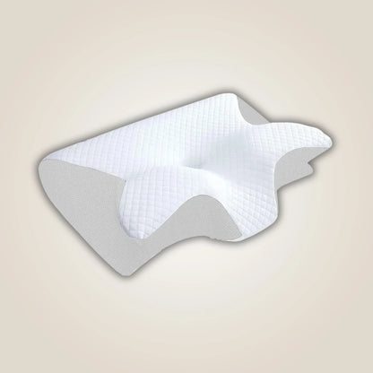 Image produit de l'oreiller ergonomique cervical blanc avec arrière plan beige