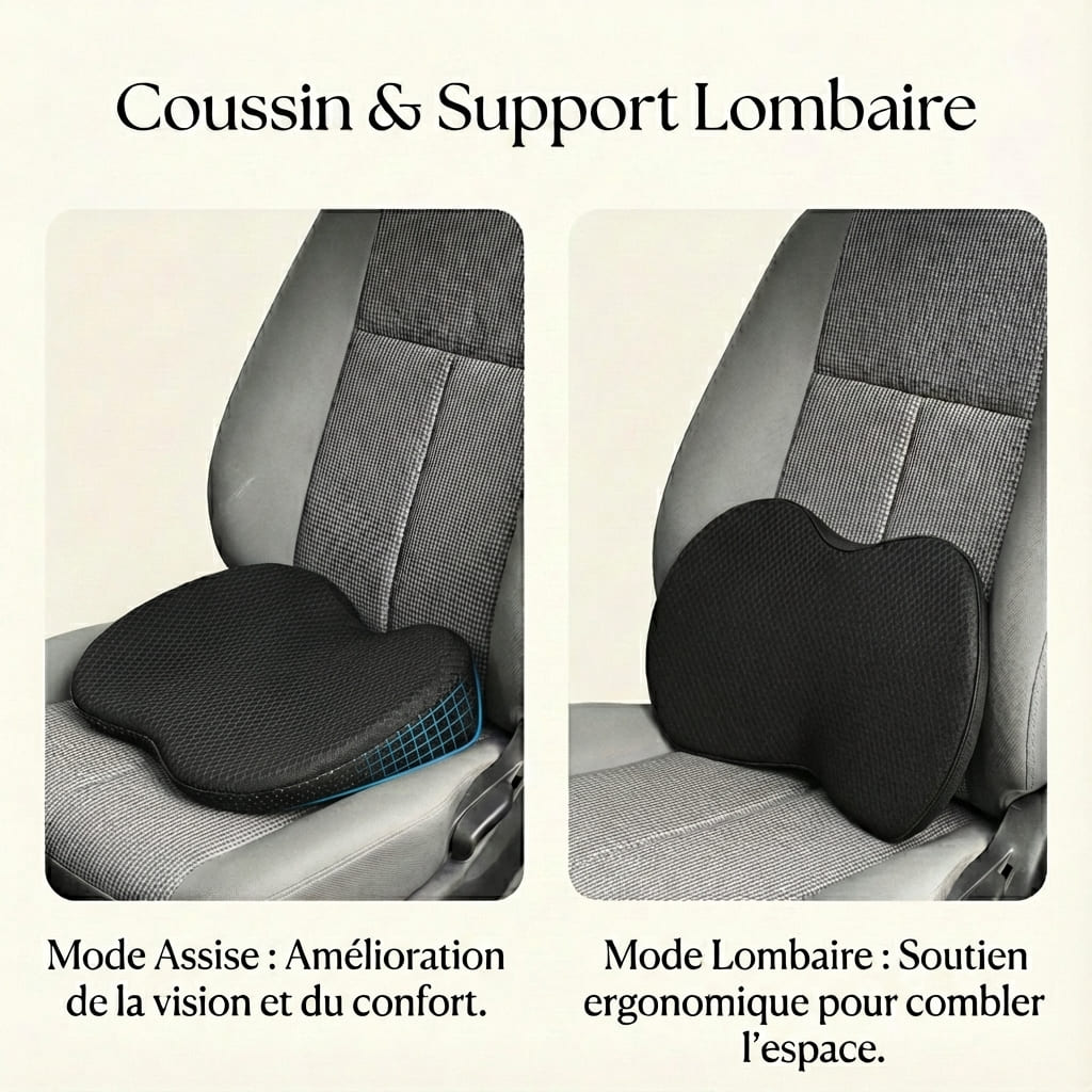 Comparaison des deux usages du coussin : le mode assise pour l'amélioration de la vision et du confort, et le mode lombaire pour un soutien ergonomique comblant l'espace du dossier