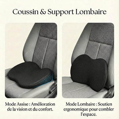 Comparaison des deux usages du coussin : le mode assise pour l'amélioration de la vision et du confort, et le mode lombaire pour un soutien ergonomique comblant l'espace du dossier