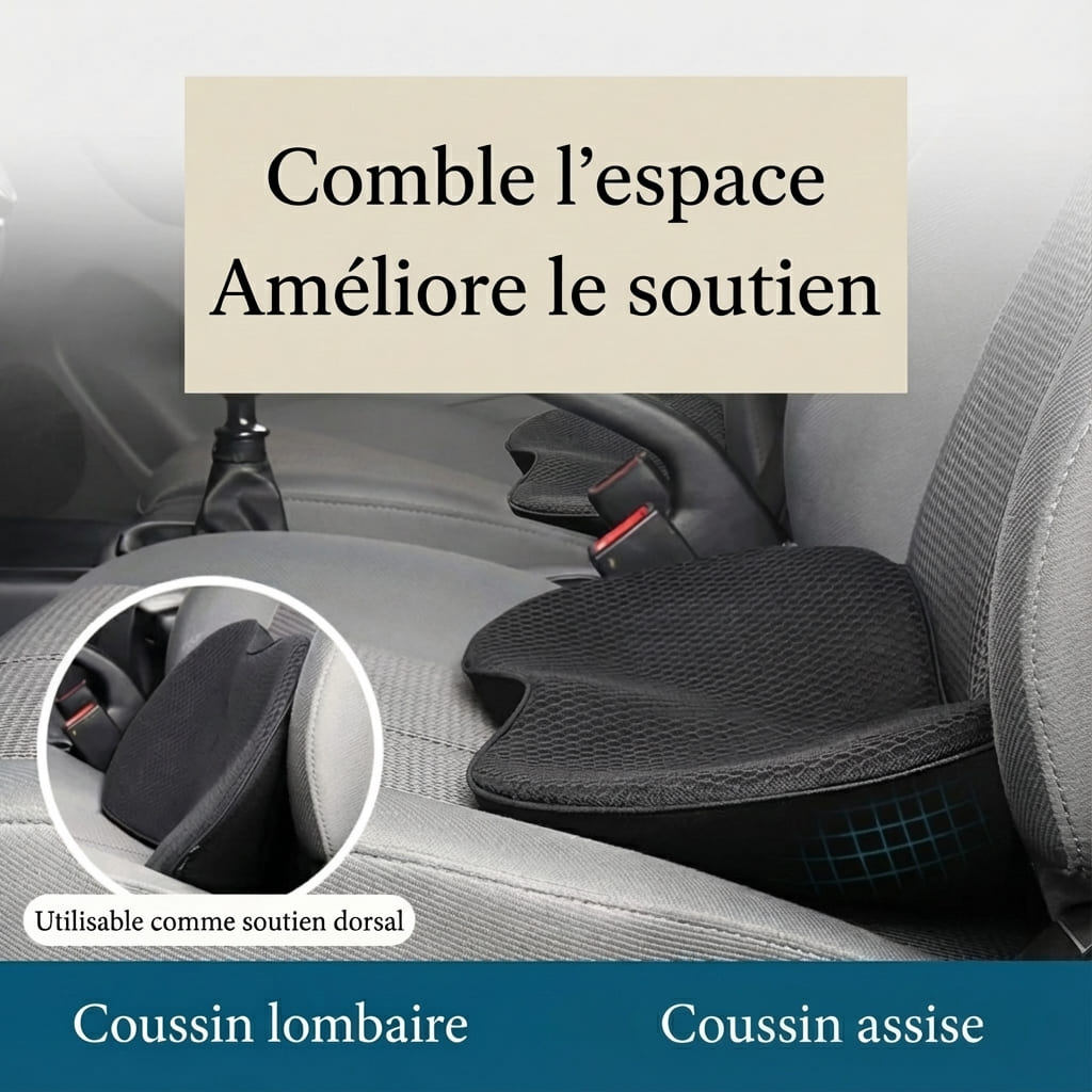Coussin lombaire et coussin d'assise ergonomiques noirs installés sur un siège de voiture pour combler l'espace et améliorer le soutien du dos et de la colonne vertébrale.