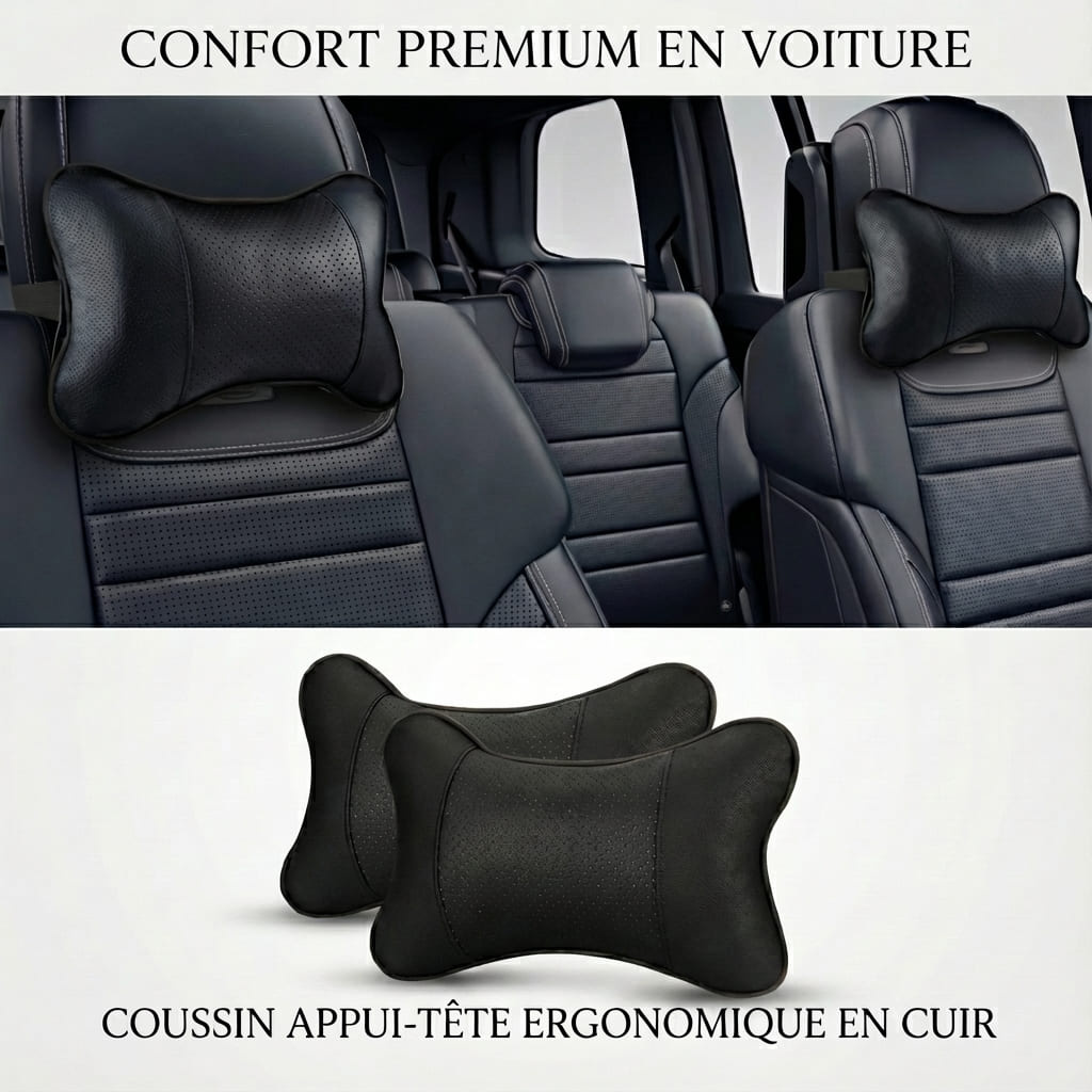 Pack de deux coussins appui-tête ergonomiques en cuir noir pour un confort premium en voiture.