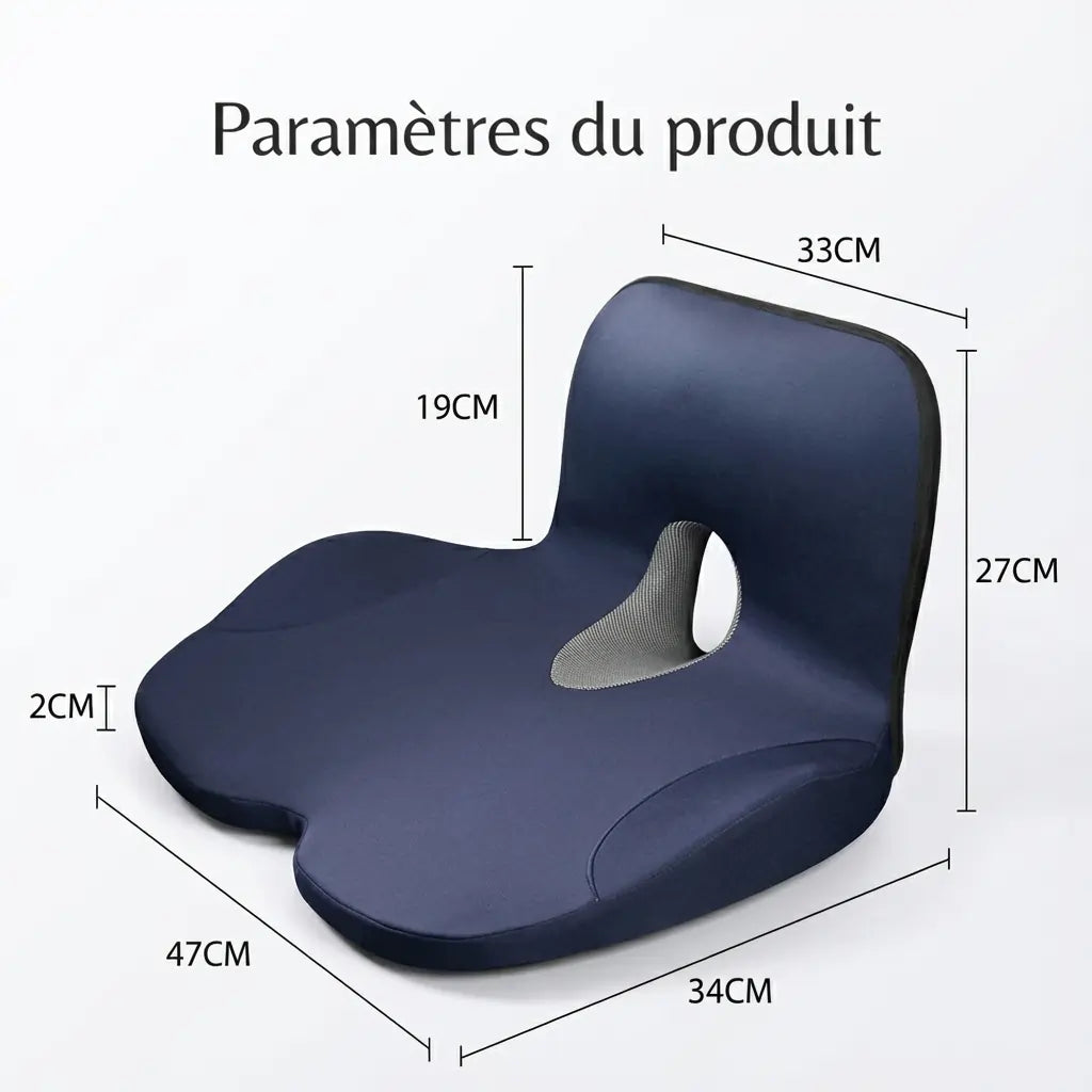 Dimensions détaillées du coussin ergonomique : 47cm de largeur, 34cm de profondeur et 27cm de hauteur de dossier.