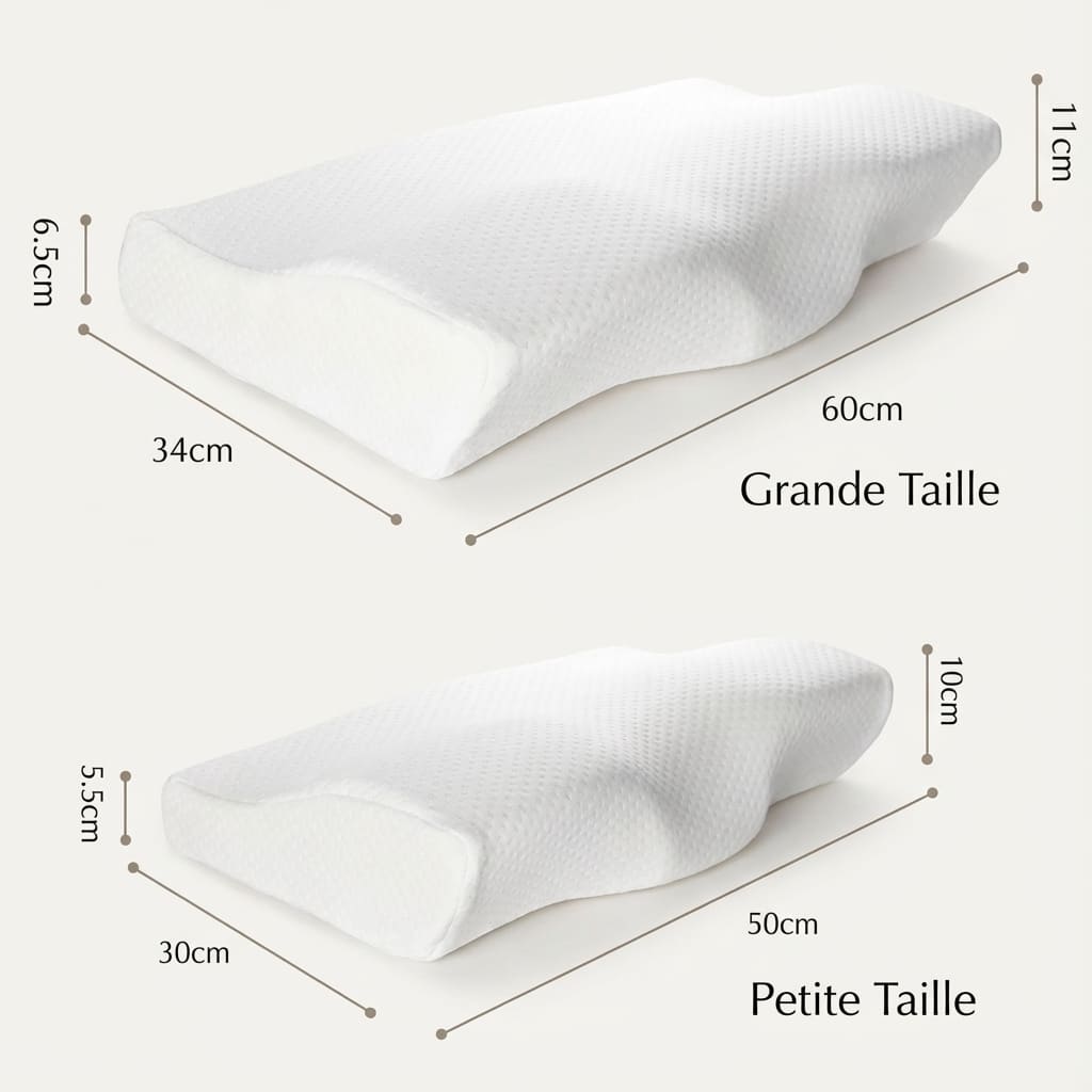 Comparatif des dimensions pour oreiller cervical ergonomique : Grande Taille (60x34 cm avec hauteurs de 6,5 à 11 cm) et Petite Taille (50x30 cm avec hauteurs de 5,5 à 10 cm).