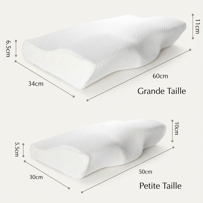 Comparatif des dimensions pour oreiller cervical ergonomique : Grande Taille (60x34 cm avec hauteurs de 6,5 à 11 cm) et Petite Taille (50x30 cm avec hauteurs de 5,5 à 10 cm).