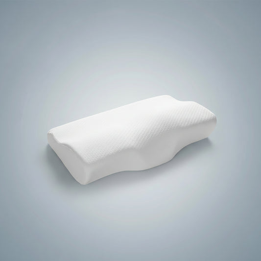 Schéma comparatif des dimensions de l'oreiller cervical : Grande Taille de 60x34 cm avec hauteurs de 6,5 à 11 cm, et Petite Taille de 50x30 cm avec hauteurs de 5,5 à 10 cm