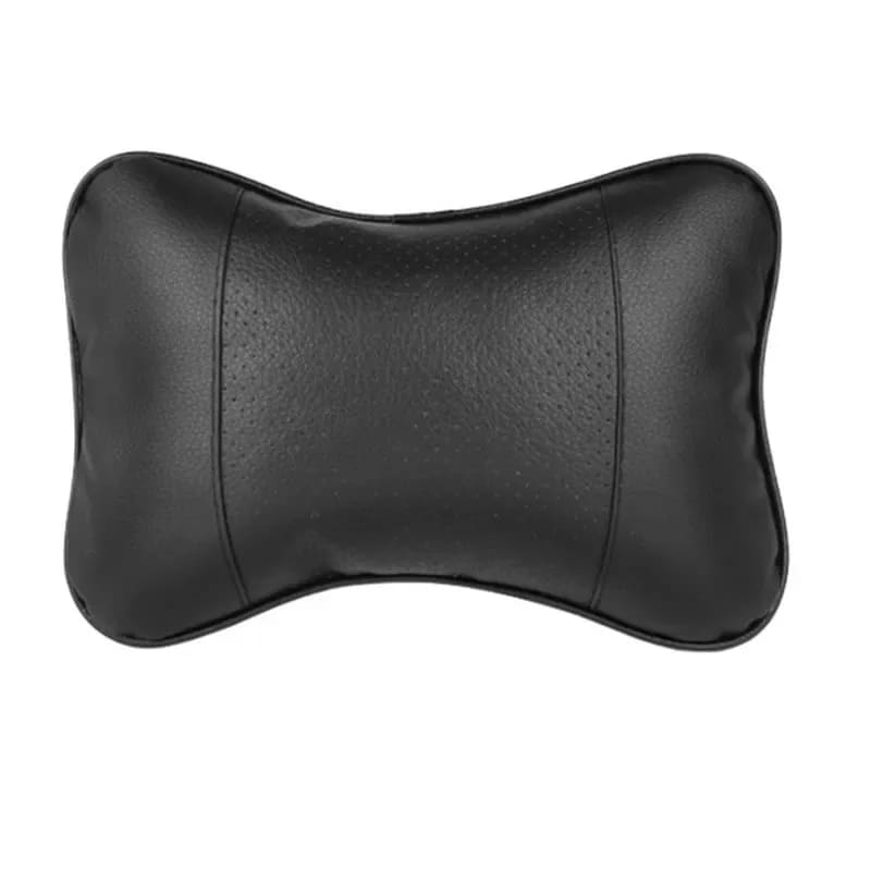 Oreiller cervical de voyage en cuir noir pour nuque et cou, accessoire de confort voiture.