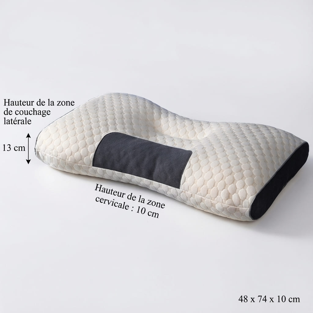 Oreiller cervical ergonomique bicolore haute densité, dimensions $48 \times 74$ cm avec une zone de couchage latérale de 13 cm et une zone cervicale de 10 cm.