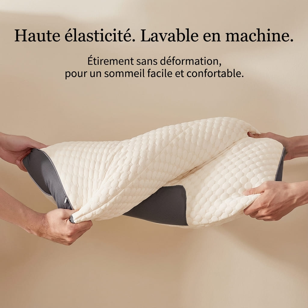 Mains étirant un oreiller cervical bicolore pour démontrer sa haute élasticité et sa résistance à la déformation. Texte indiquant que le produit est lavable en machine pour un sommeil facile et confortable