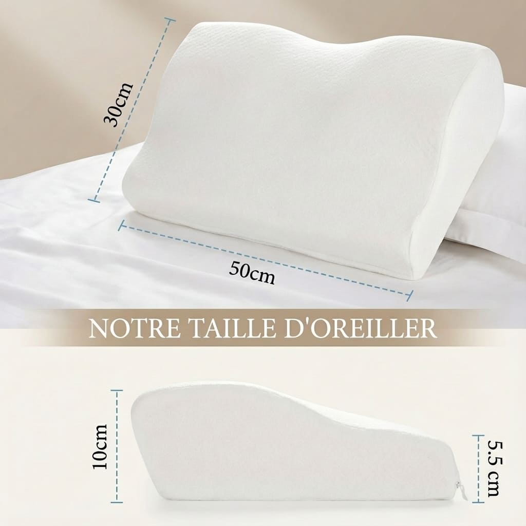 Oreiller cervical ergonomique à mémoire de forme blanc avec dimensions indiquées : 50 cm de longueur, 30 cm de largeur et une hauteur variable de 5,5 cm à 10 cm
