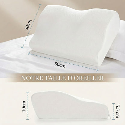Oreiller cervical ergonomique à mémoire de forme blanc avec dimensions indiquées : 50 cm de longueur, 30 cm de largeur et une hauteur variable de 5,5 cm à 10 cm