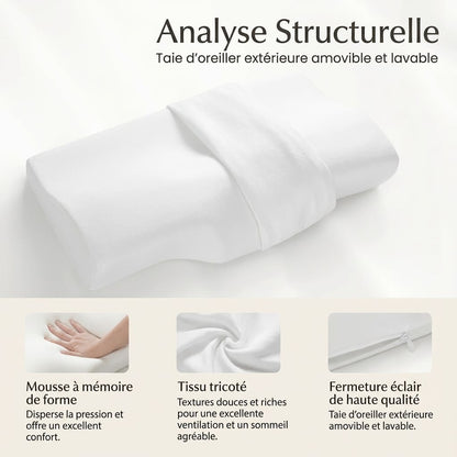 Analyse de la structure d'un oreiller cervical avec mousse à mémoire de forme, tissu tricoté respirant et housse amovible avec fermeture éclair.