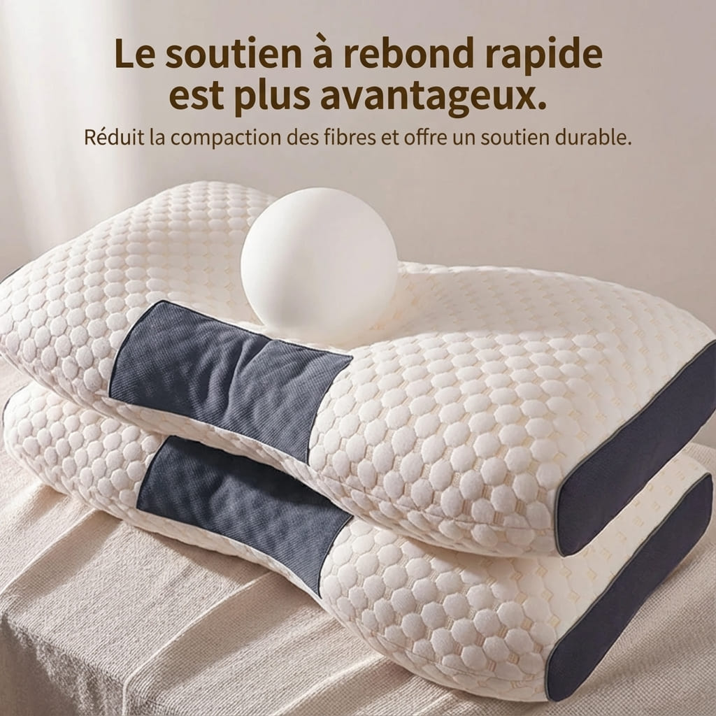 Démonstration du soutien à rebond rapide sur un oreiller cervical bicolore avec une balle blanche, illustrant la réduction de la compaction des fibres pour un confort durable