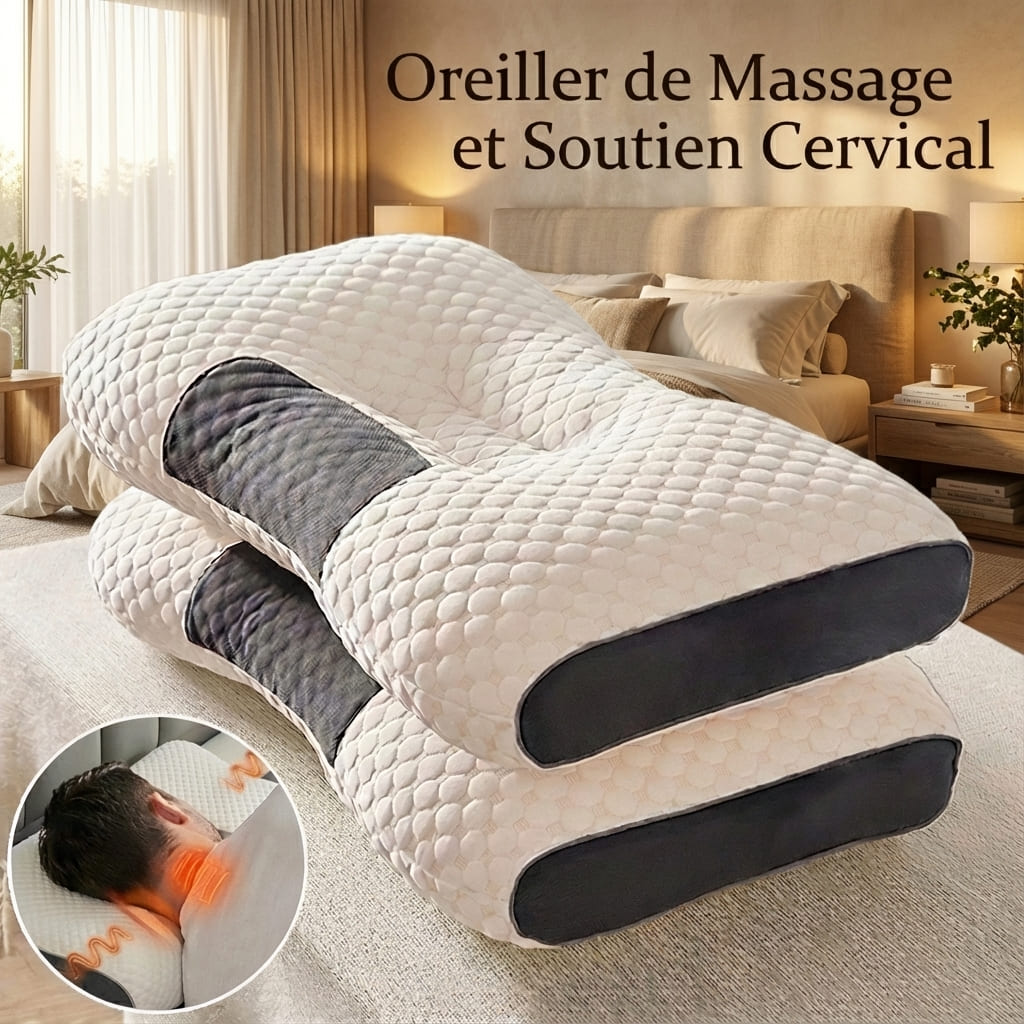 Mise en situation d'un oreiller de massage et soutien cervical bicolore dans une chambre. Un médaillon illustre l'effet de soulagement par ondes sur la nuque du dormeur.