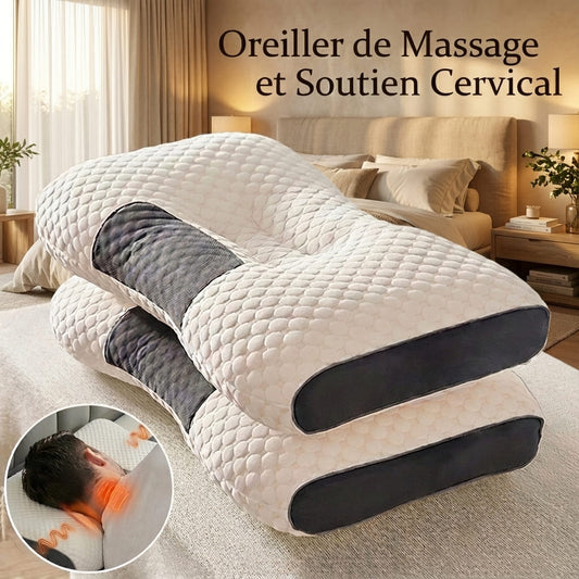 Mise en situation d'un oreiller de massage et soutien cervical bicolore dans une chambre. Un médaillon illustre l'effet de soulagement par ondes sur la nuque du dormeur.