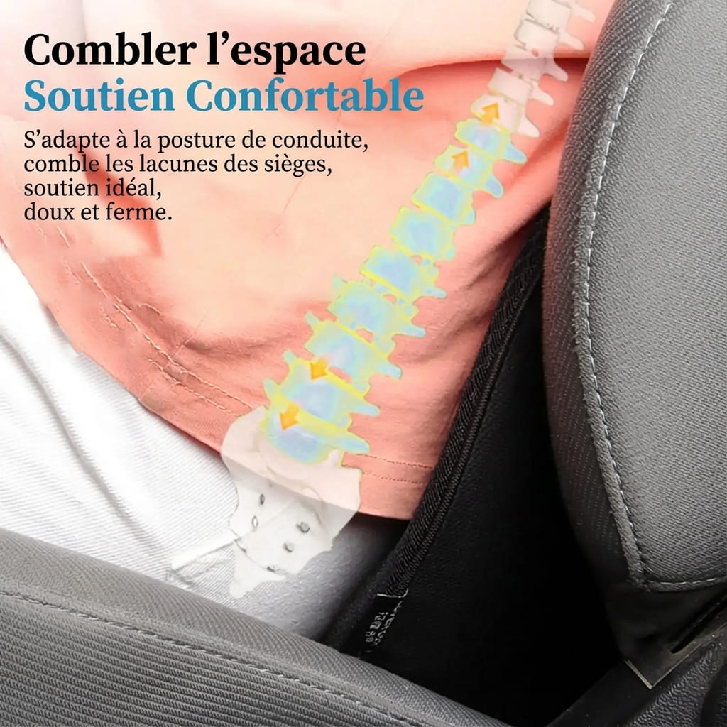 Gros plan d'un coussin de soutien lombaire noir en voiture avec une illustration de la colonne vertébrale montrant l'amélioration de la posture et le comblement des lacunes du siège