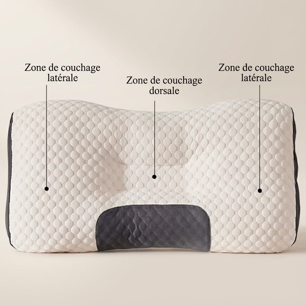 Vue de dessus d'un oreiller ergonomique bicolore détaillant les zones de confort : deux zones de couchage latérales surélevées et une zone de couchage dorsale centrale pour un alignement optimal.